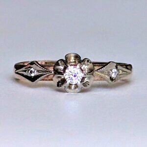 Vintage Russian USSR Solid 14K 585 Rose Pink White Gold Diamond Buttercup Ring